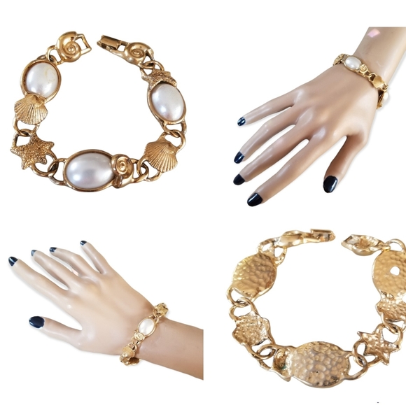 Vintage Gold Tone Hammered Faux Pearl Stafish Seashell Nautical Bracelet - Picture 3 of 14